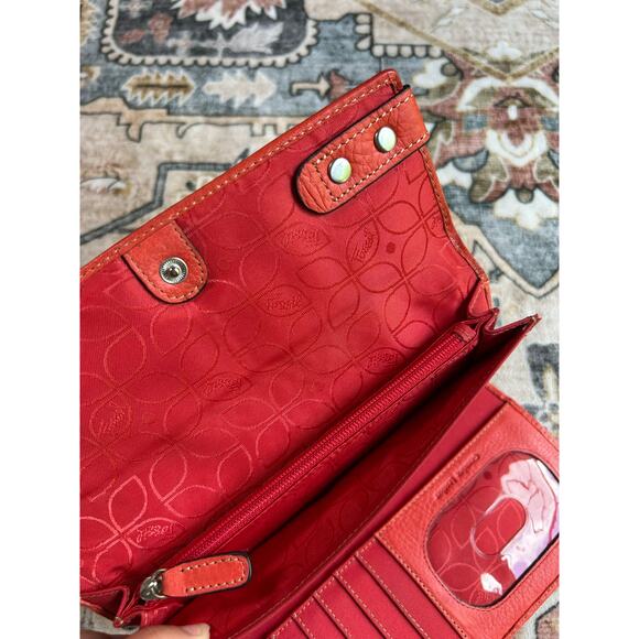 Fossil Leather Tri Fold Wallet Y2k Genuine Leather Pocket Book Coral Red - Picture 4 of 8
